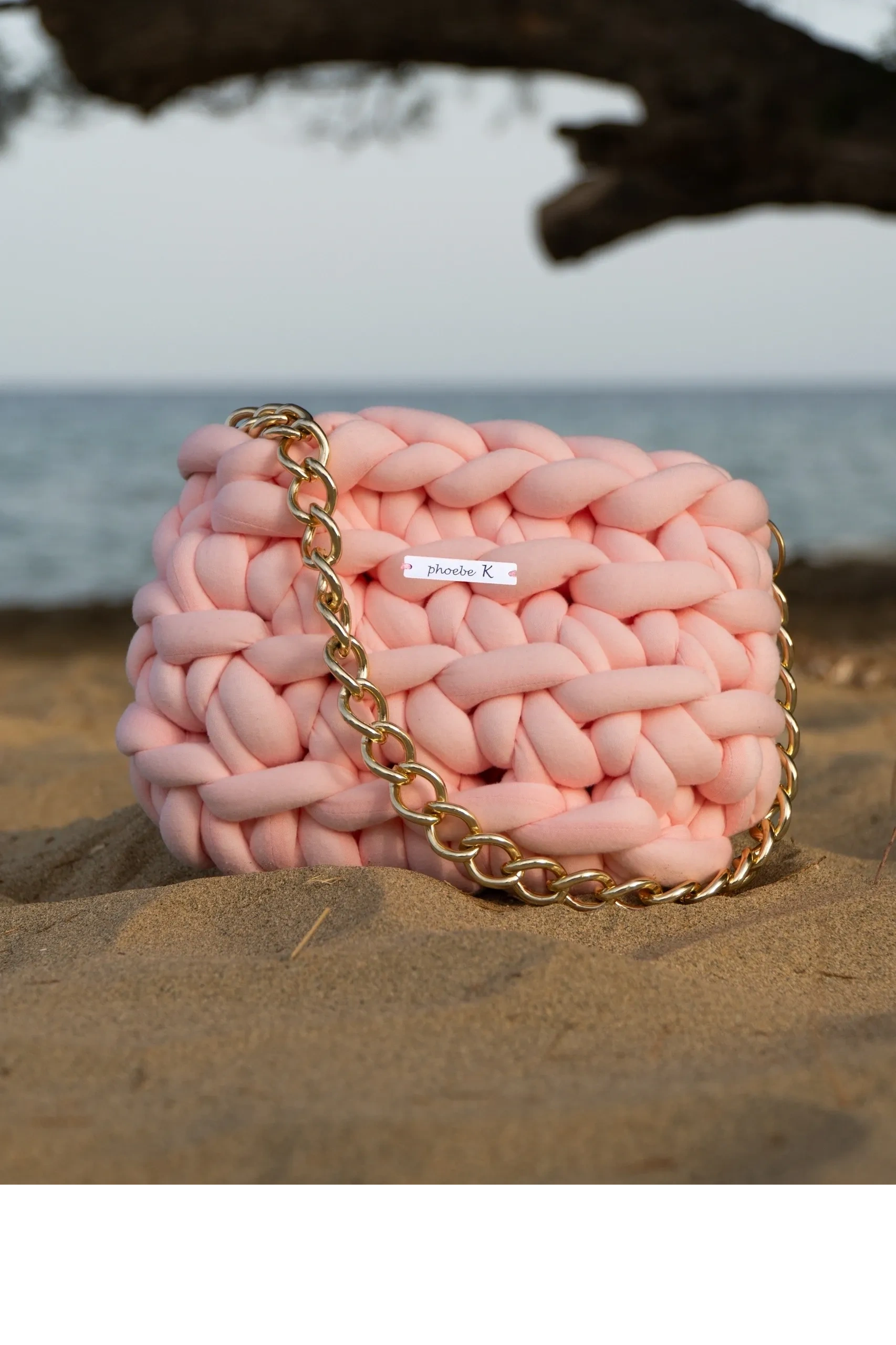 Rosalind — Baby Pink Crochet Bag with Gold Chain