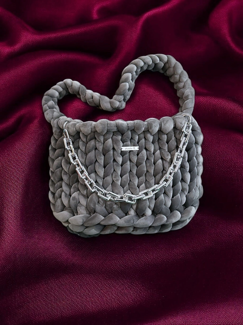 Nyra — Soft Grey Velvet & Chunky Knit Bag