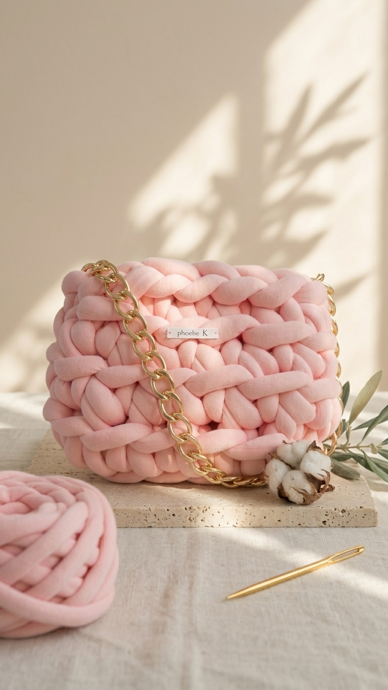 Rosalind — Baby Pink Crochet Bag with Gold Chain