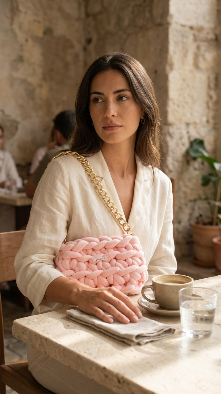 Rosalind — Baby Pink Crochet Bag with Gold Chain