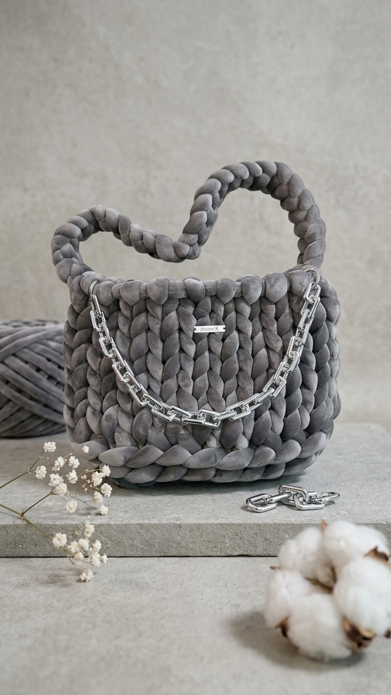 Nyra — Soft Grey Velvet & Chunky Knit Bag