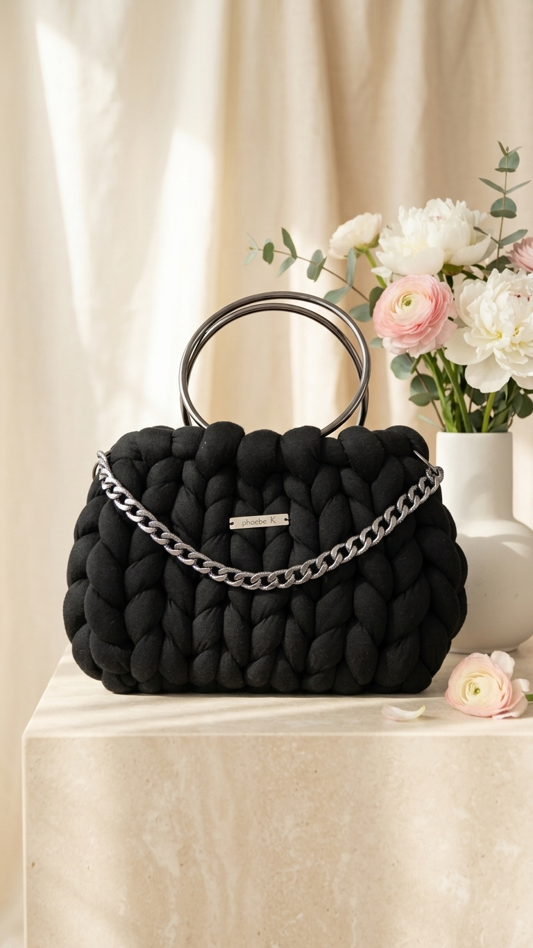 Nova — Black Marshmallow Bag with Metal Handles