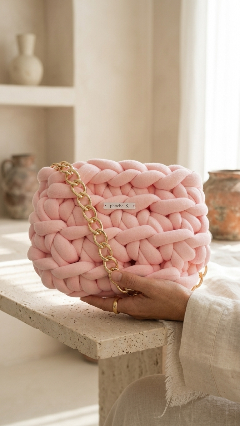 Rosalind — Baby Pink Crochet Bag with Gold Chain
