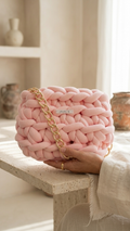 Rosalind — Baby Pink Crochet Bag with Gold Chain