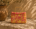 Quasar — Coral & Yellow Satchel with Metal Handle