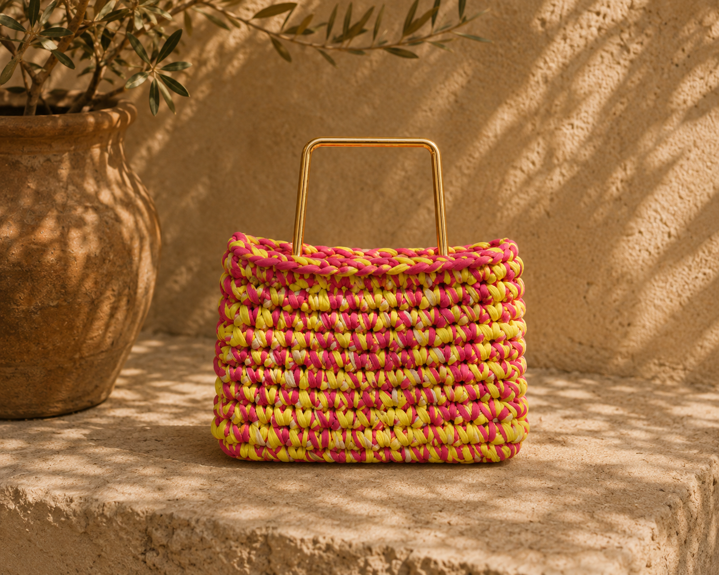 Quasar — Coral & Yellow Satchel with Metal Handle