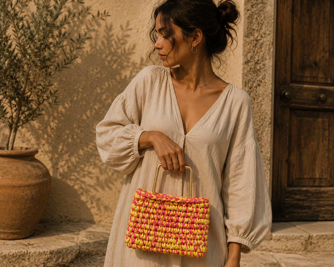Quasar — Coral & Yellow Satchel with Metal Handle